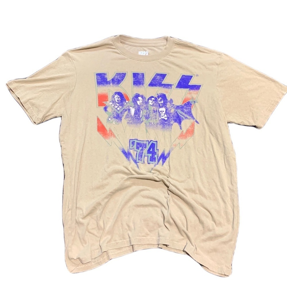KISS Band Graphic T-Shirt “’74” Beige Distressed Print - Size Large